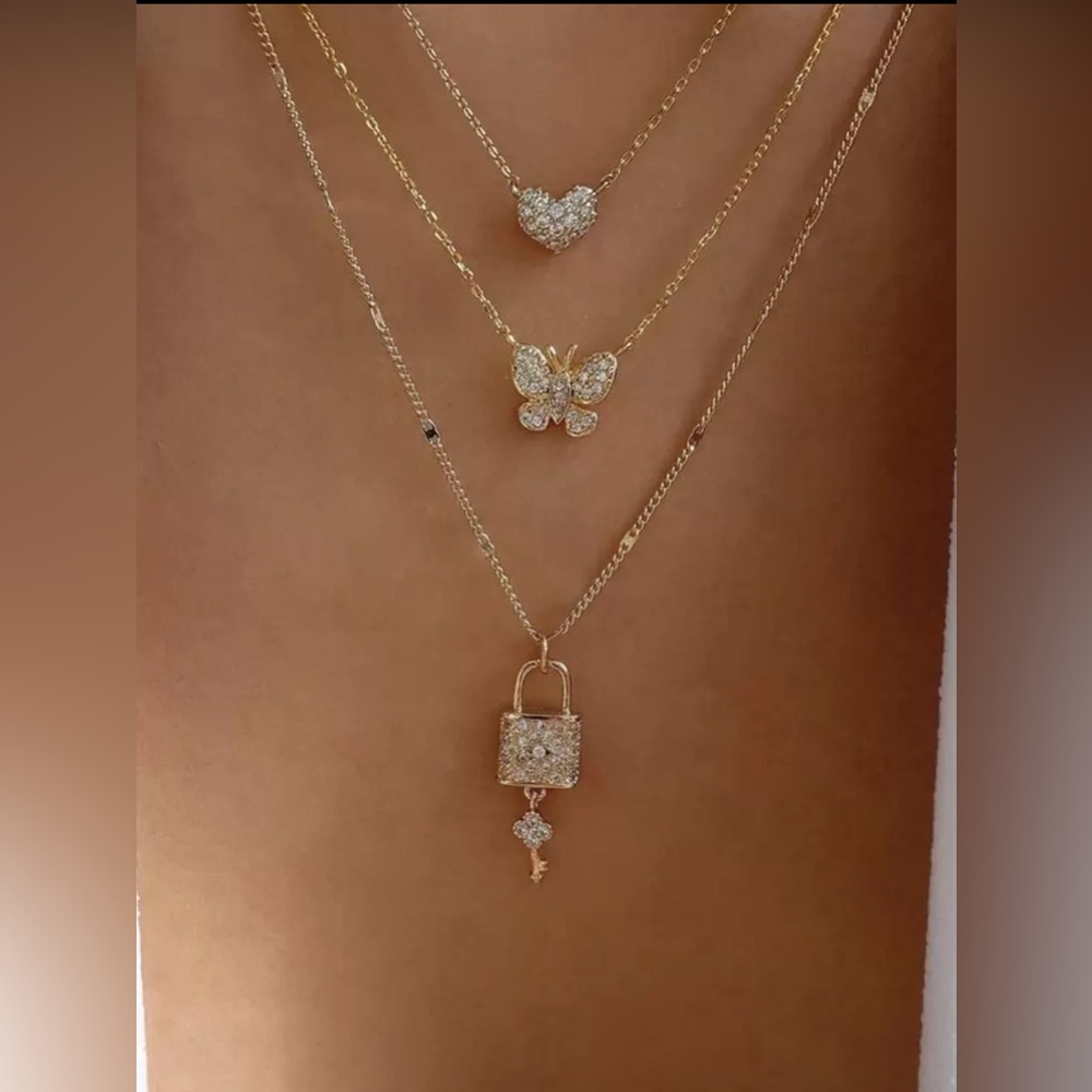 Gold heart & Lock key 1pc Layered Necklace Set